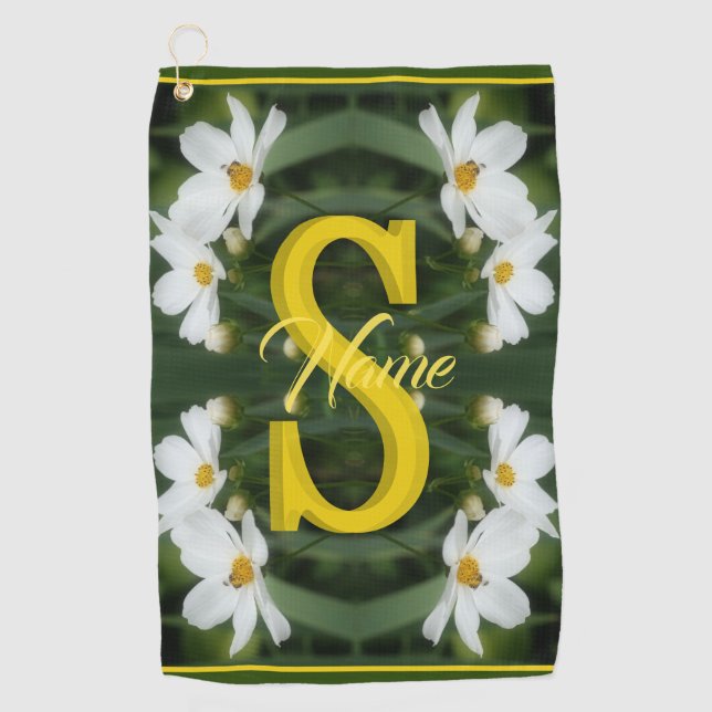 Custom Monogram Initial Name White Daisy Art Golf Towel (Front)