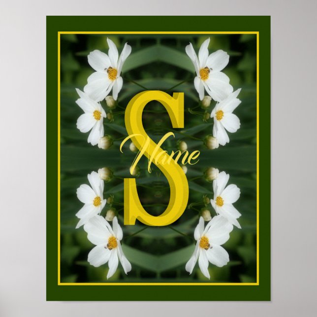Custom Monogram Initial Name White Daisy Art Poster (Front)