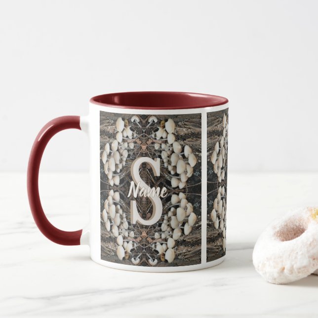 Custom Monogram Initial Name Wild Mushrooms Mug (With Donut)