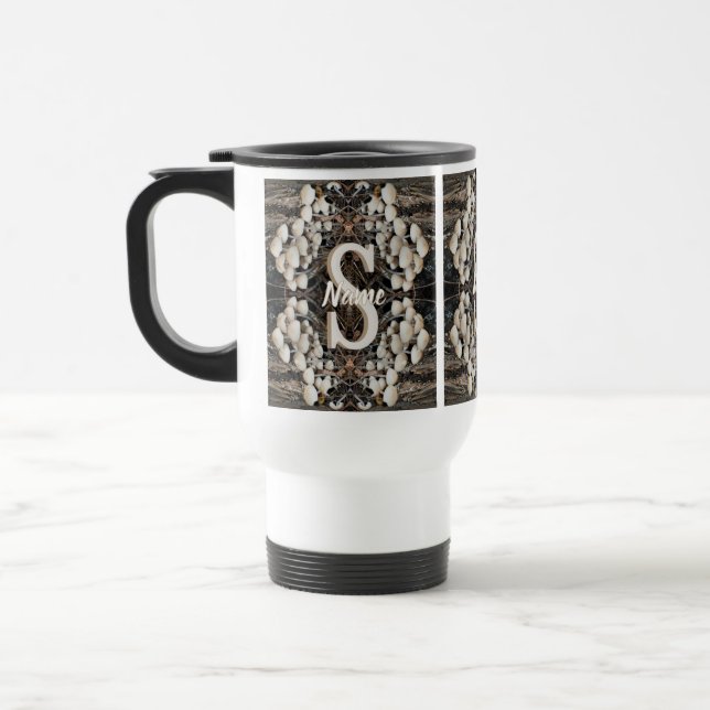 Custom Monogram Initial Name Wild Mushrooms Travel Mug (Left)
