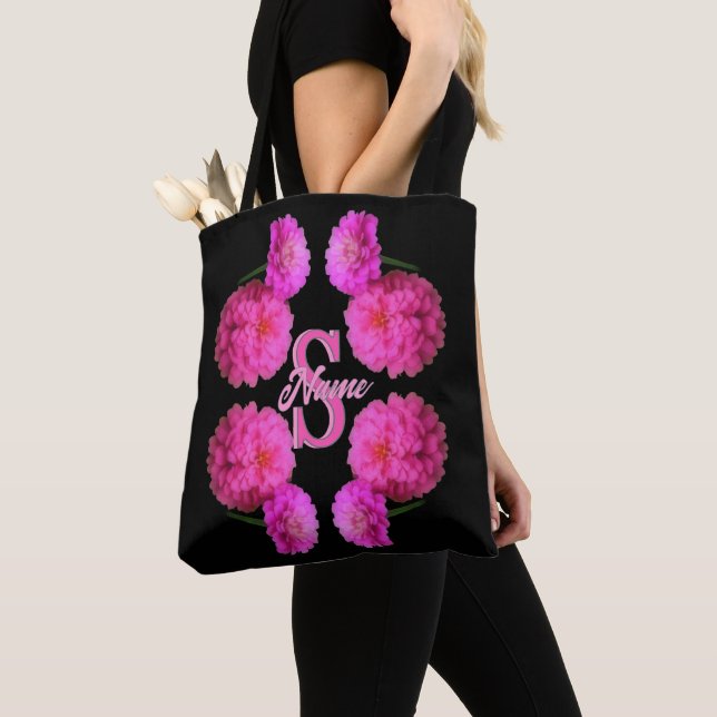 Custom Monogram Initial Name Zinnia Floral Art Tote Bag (Close Up)