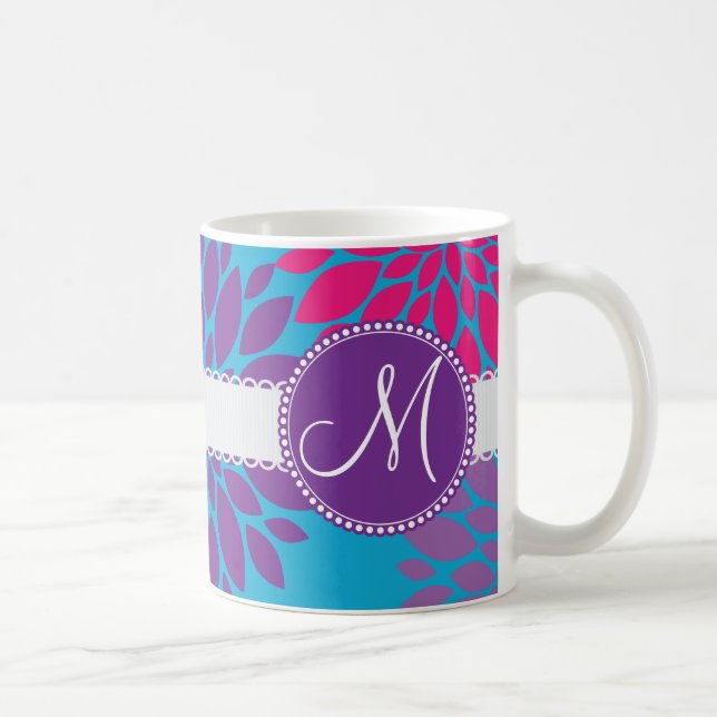 Custom Monogram Initial Pink Purple Flower on Blue Coffee Mug (Right)