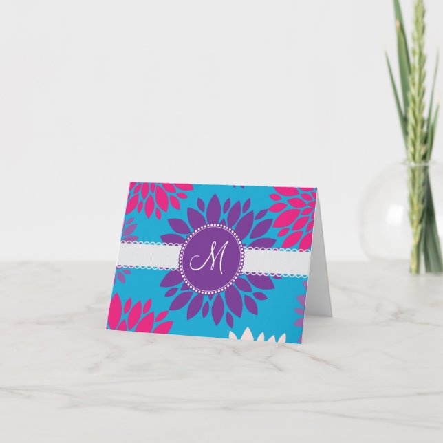 Custom Monogram Initial Pink Purple Flower on Blue Note Card (Front)