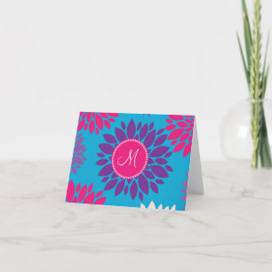 Custom Monogram Initial Pink Purple Flower on Blue Note Card
