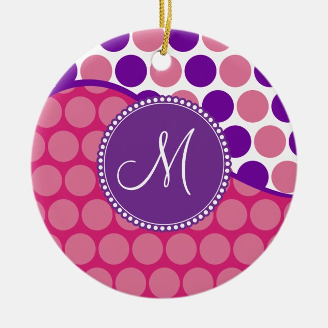 Custom Monogram Initial Pink Purple Polka Dots Ceramic Tree Decoration (Front)