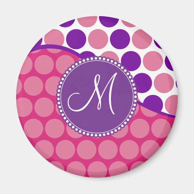 Custom Monogram Initial Pink Purple Polka Dots Magnet (Front)