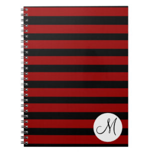 Custom Monogram Initial Red Black Stripes Spiral Notebook