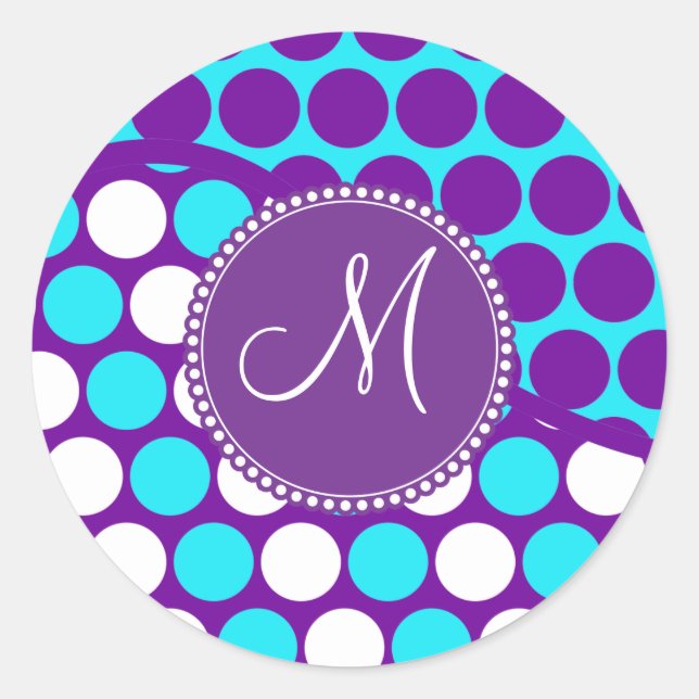 Custom Monogram Initial Teal Purple Polka Dots Classic Round Sticker (Front)