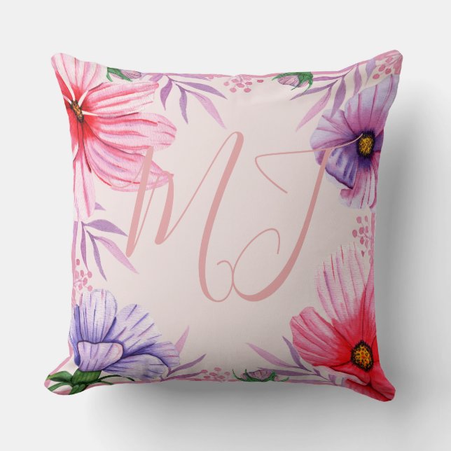 Custom Monogram Initials and Tropical Flowers Cushion (Front)