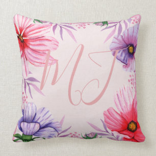 Custom Monogram Initials and Tropical Flowers Cushion