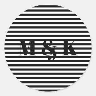 Custom monogram initials black white stripes classic round sticker