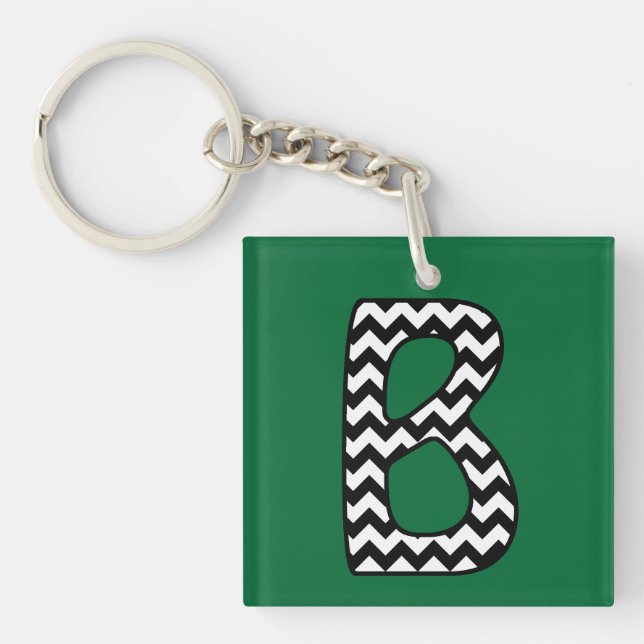 Custom Monogram Keychain: B: Black, White Chevrons Key Ring (Front)