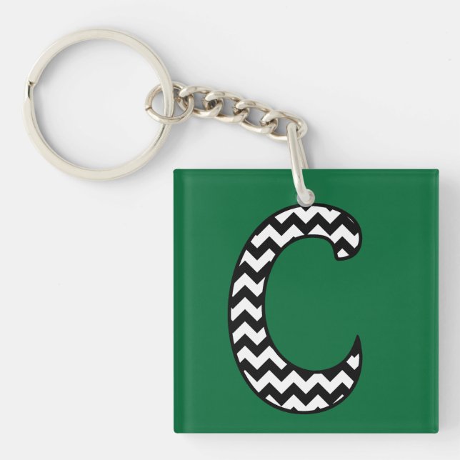 Custom Monogram Keychain: C: Black, White Chevrons Key Ring (Front)