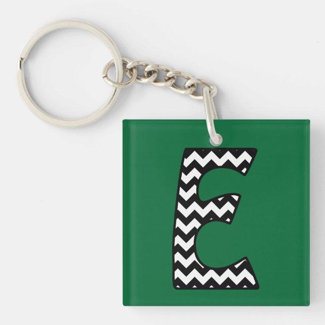 Custom Monogram Keychain: E: Black, White Chevrons Key Ring (Front)