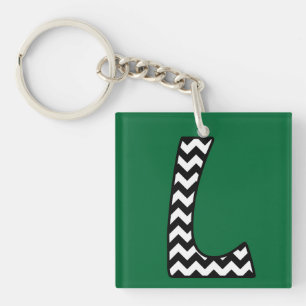 Custom Monogram Keychain: L: Black, White Chevrons Key Ring