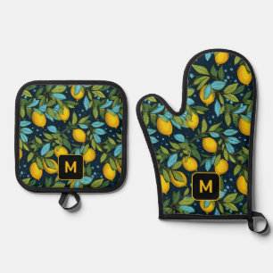 Custom Monogram Lemon Pattern Oven Mitt & Pot Holder Set
