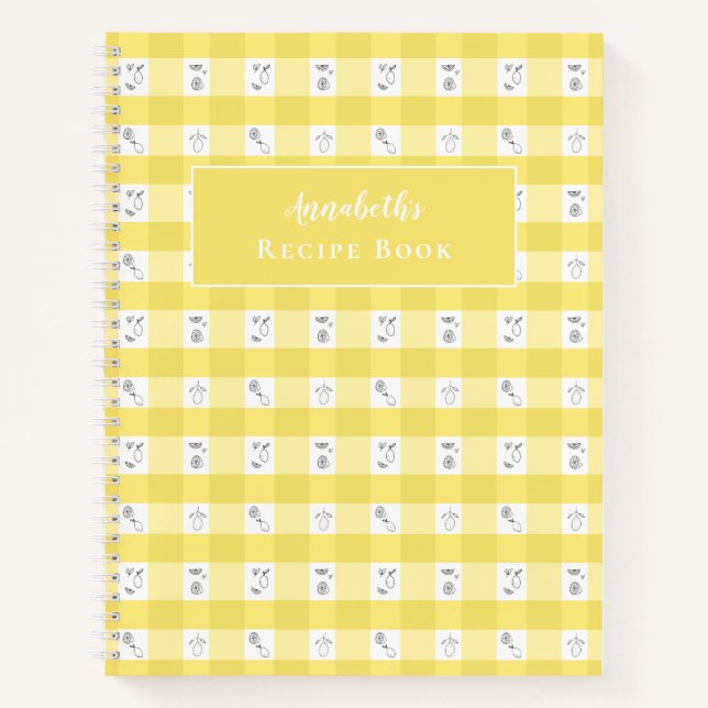 Custom Monogram Lemon Plaid Recipe Book (Front)