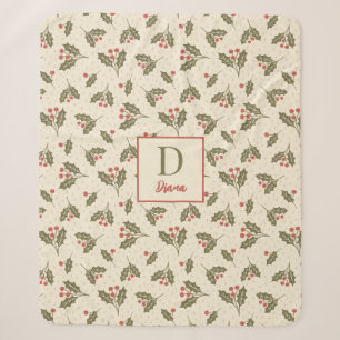 Custom Monogram letter and name Christmas Holly Sherpa Blanket