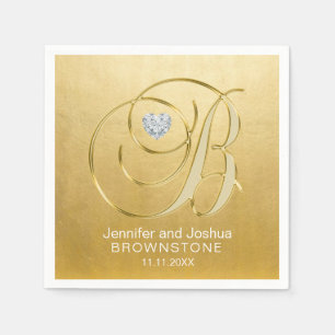 Custom Monogram Letter B Gold Foil Heart Wedding Napkin