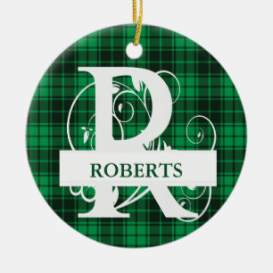 Custom Monogram Letter R Green Plaid Background Ceramic Tree Decoration