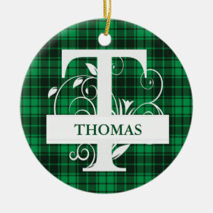 Custom Monogram Letter T Green Plaid Background Ceramic Tree Decoration