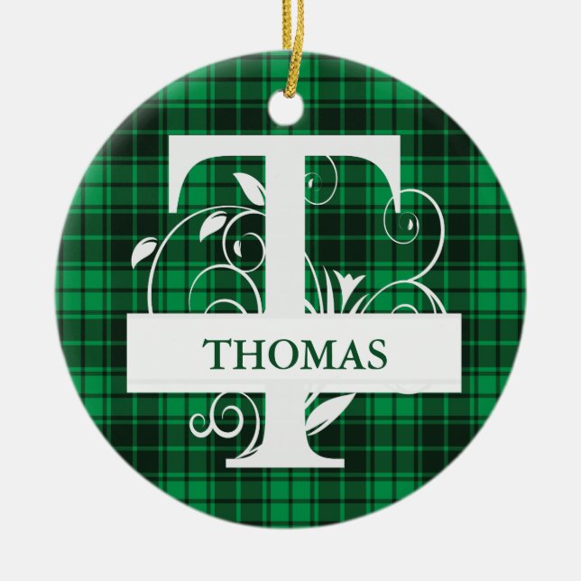 Custom Monogram Letter T Green Plaid Background Ceramic Tree Decoration (Front)