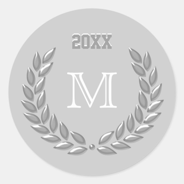  Custom Monogram Light Grey Laurel Wreath Classic Round Sticker (Front)