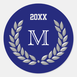 Custom Monogram Light Grey Laurel Wreath on Blue Classic Round Sticker