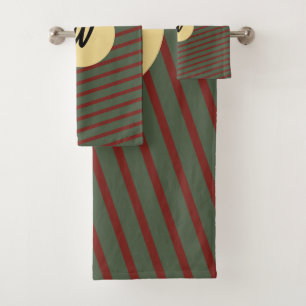 Custom Monogram Linen Green & Burgundy Striped Bath Towel Set