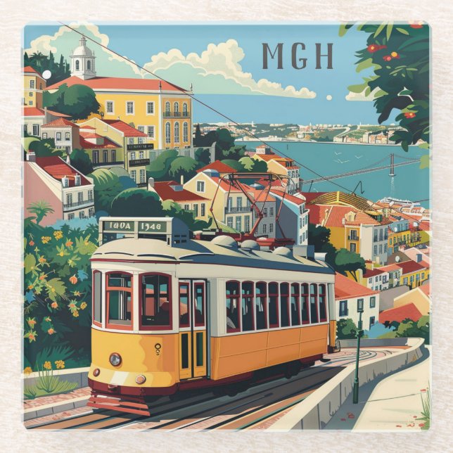 Custom Monogram Lisbon Portugal Glass Coaster (Front)
