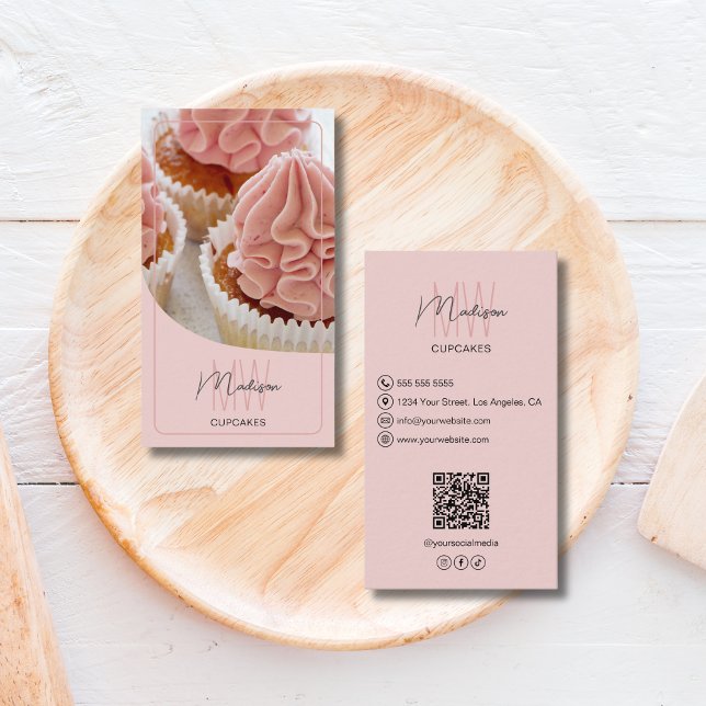 Custom Monogram Logo Bakery QR Pink Business Card (Custom Monogram Logo Bakery QR Pink Business Card)
