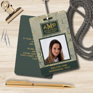 Custom Monogram Logo Gold Green Texture Employee ID Badge