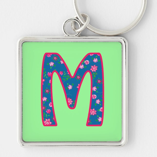 Custom Monogram M Keychain, Ditsy Floral Pattern Key Ring (Front)