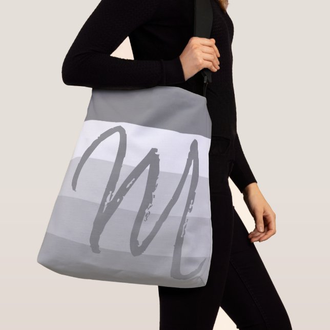 Custom Monogram M Striped Pattern Grey White Crossbody Bag (Close Up)