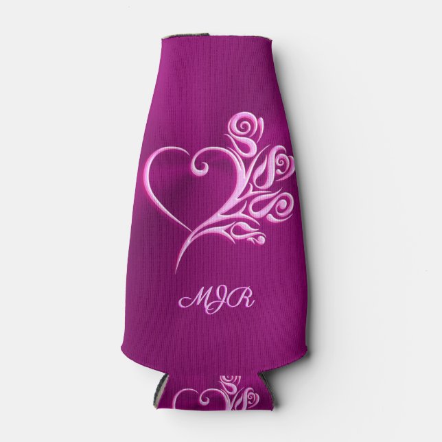 Custom monogram, Mauve Stylised Heart and Roses Bottle Cooler (Front)