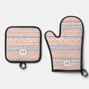 Custom Monogram Mexican / Aztec Pattern Oven Mitt & Pot Holder Set