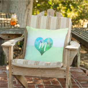 Custom Monogram Modern Blue Green Grunge Heart Cushion