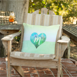 Custom Monogram Modern Blue Green Grunge Heart Cushion