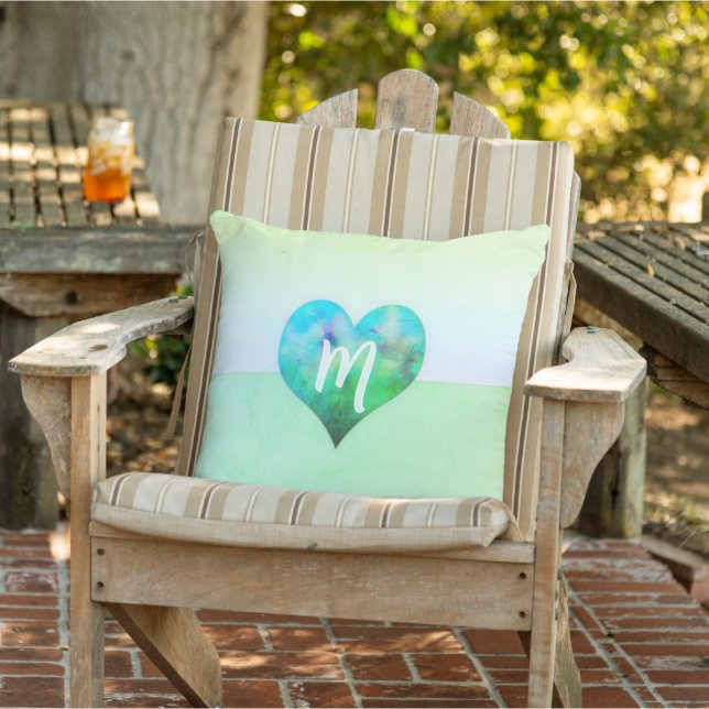 Custom Monogram Modern Blue Green Grunge Heart  Cushion (Chair)
