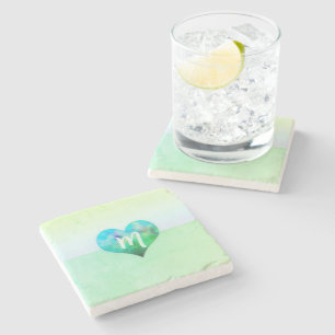 Custom Monogram Modern Blue Green Grunge Heart Stone Coaster