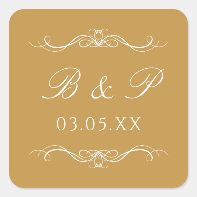 Custom Monogram Modern Elegant Gold Swirl Wedding Square Sticker (Front)