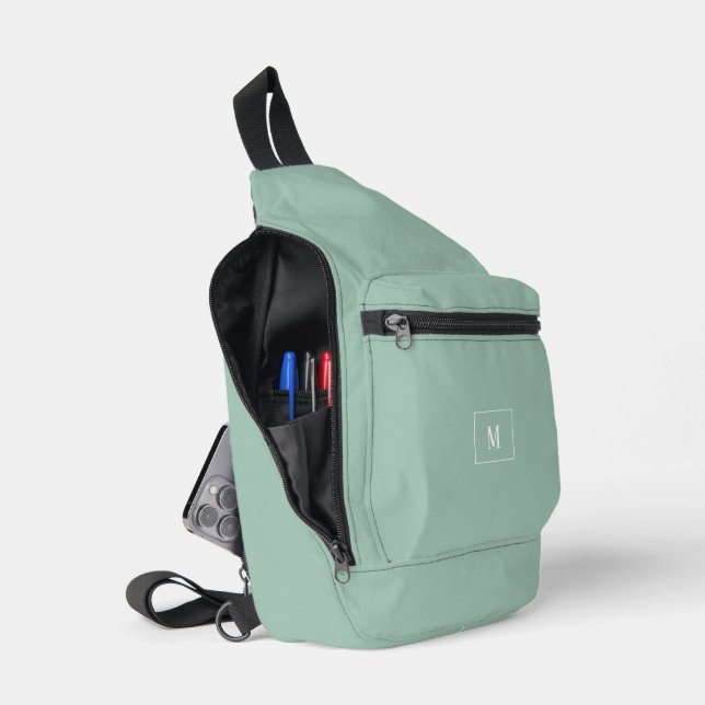 Custom monogram, modern sage green sling bag (Open)