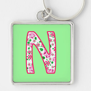 Custom Monogram N Keychain, Ditsy Floral Pattern Key Ring