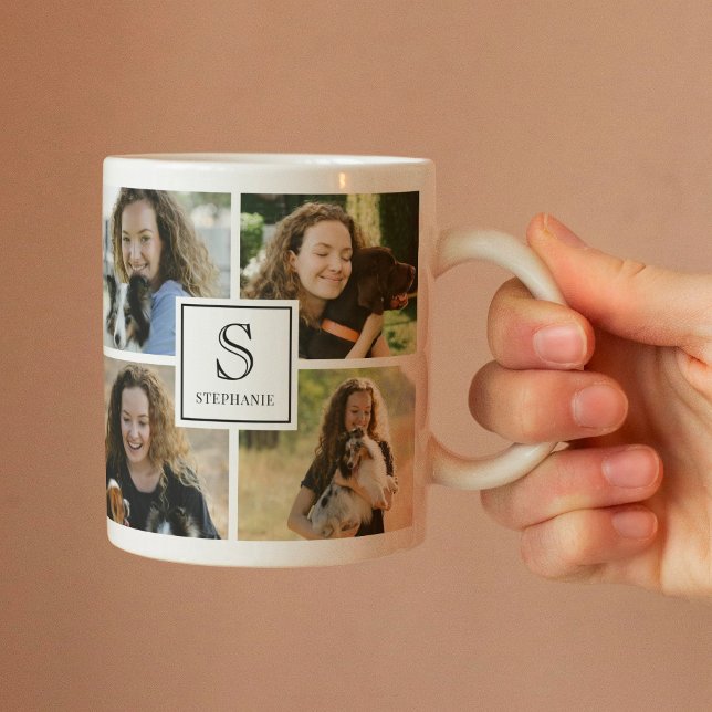 Custom Monogram & Name 4 Photo Collage Grid  Coffee Mug (Creator Uploaded)