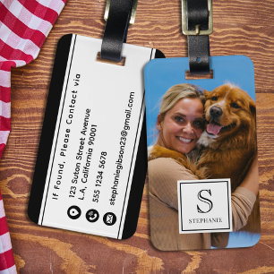 Custom Monogram, Name and Photo, Black and White Luggage Tag