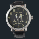 Custom Monogram Name Best Man Gfit Wedding   Watch<br><div class="desc">This unique watch is designed as a gift for your Best Man. Features the monogram / initial; first name and date of wedding. There is even a unique layering of the monogram -- look closely and you will see three colours, which gives it the feeling of depth. Special way to...</div>