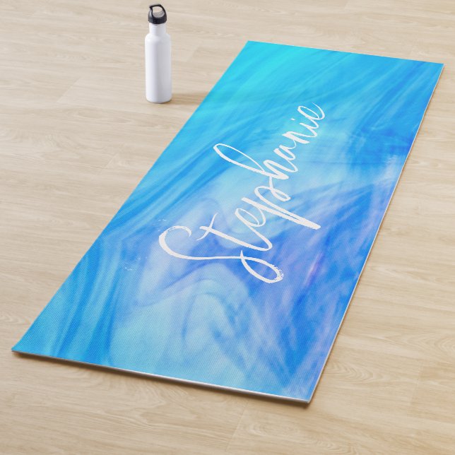 Custom Monogram Name Blue Abstract Yoga Mat (In Situ)