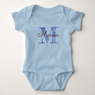 Custom Monogram Name Blue Baby Boy Hand Lettered Bodysuit