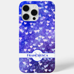 Custom Monogram Name Blue Heart Bokeh Art iPhone 15 Pro Max Case