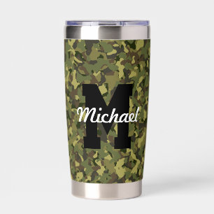Custom Monogram Name Cool Sports Men's Green Camo Insulated Tumbler